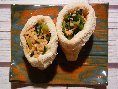 納豆と野沢菜の和え物　油揚げ詰め